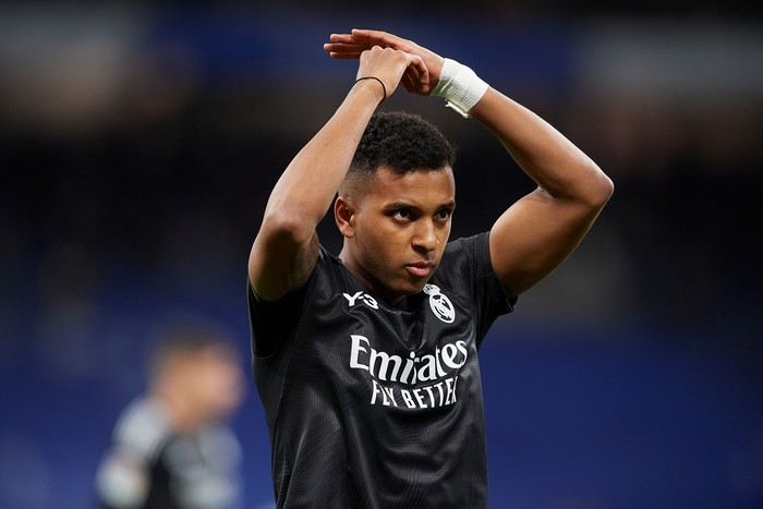 Rodrygo of Real Madrid reacts during the La Liga Santander match between Real Madrid CF and FC Barcelona at Estadio Santiago Bernabeu on March 20, 2022 in Madrid, Spain. (Photo by Jose Breton/Pics Action/NurPhoto via Getty Images)