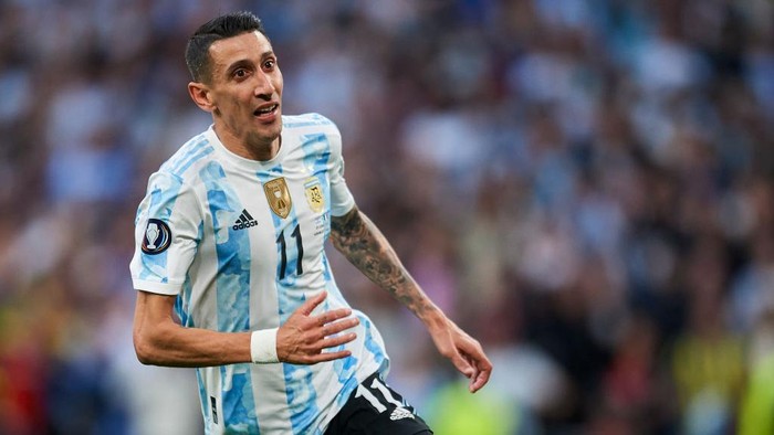Angel Di Maria (Paris Saint-Germain) of Argentina celebrates after scoring his sides first goal during the Finalissima 2022 match between Argentina and Italy at Wembley Stadium on June 1, 2022 in London, England. (Photo by Jose Breton/Pics Action/NurPhoto via Getty Images)