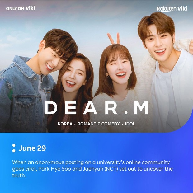 Dear M adalah drama romansa khas mahasiswa yang akan segera tayang di platform Viki akhir bulan Juni