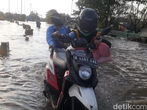 Potret Pekerja Tembus Banjir Rob di Pelabuhan Semarang