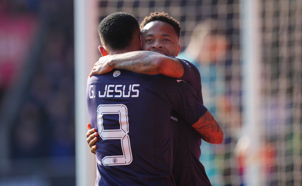 SOUTHAMPTON, ENGLAND - MARCH 20: Raheem Sterling celebrates with Gabriel Jesus of Manchester City after scoring their team's first goal during the Emirates FA Cup Quarter Final match between Southampton and Manchester City at St Mary's Stadium on March 20, 2022 in Southampton, England. (Photo by Tom Flathers/Manchester City FC via Getty Images)