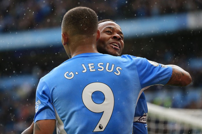 SOUTHAMPTON, ENGLAND - MARCH 20: Raheem Sterling celebrates with Gabriel Jesus of Manchester City after scoring their teams first goal during the Emirates FA Cup Quarter Final match between Southampton and Manchester City at St Marys Stadium on March 20, 2022 in Southampton, England. (Photo by Tom Flathers/Manchester City FC via Getty Images)