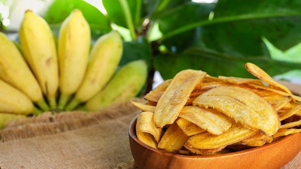ilustrasi keripik pisang Pile Banana Chips In Bowl Against Banana Fruit Background.