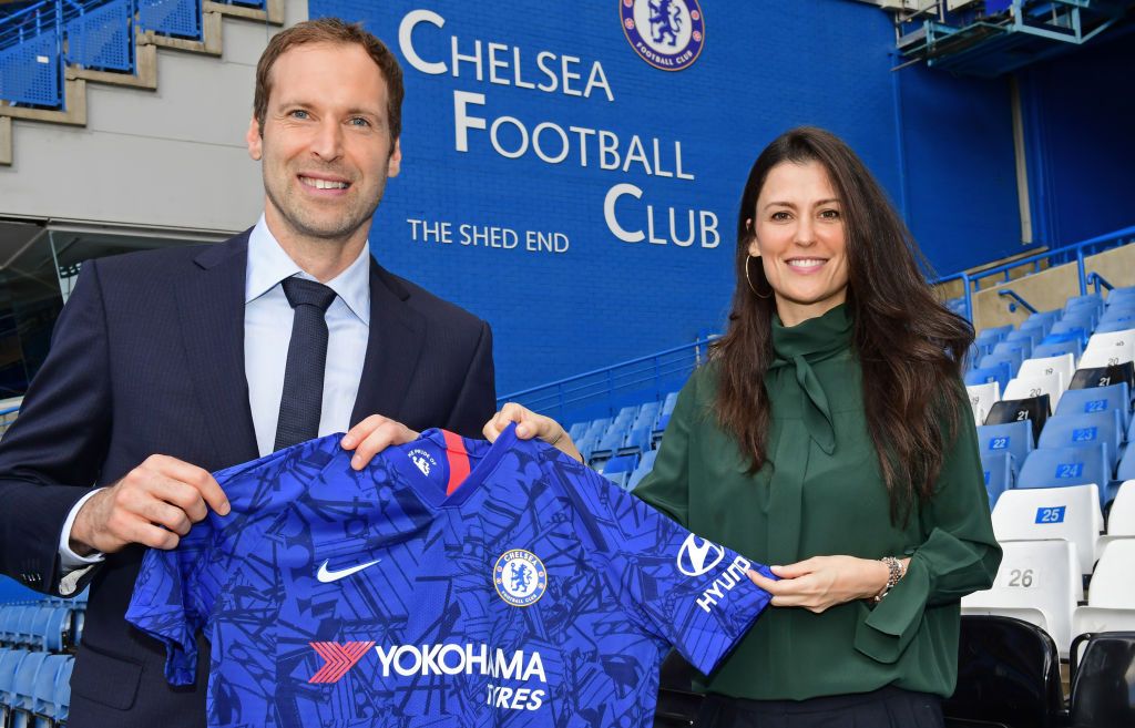 LONDON, ENGLAND - JUNE 20:  Petr Cech poses with Chelsea Director Marina Granovskaia as he becomes the Technical and Performance Advisor of Chelsea Football Club at Stamford Bridge on 20th June, 2019 in London, England. (Photo by Clive Howes/Chelsea FC via Getty Images)