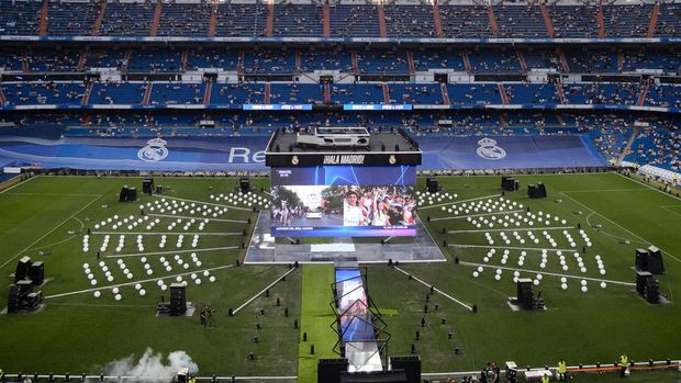 MADRID, SPAIN - MAY 29: A main stage along Santiago Bernabeu fields is prepared for its celebration on May 29, 2022 in Madrid, Spain. (Photo by Alvaro Medranda/Eurasia Sport Images/Getty Images)