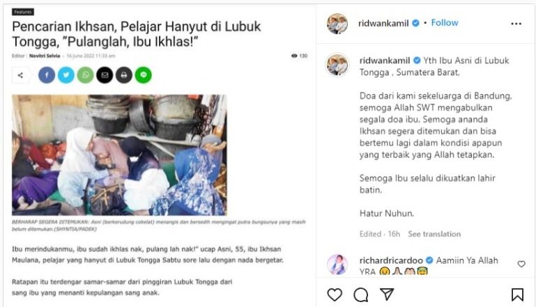 Unggahan Instagram Ridwan Kamil