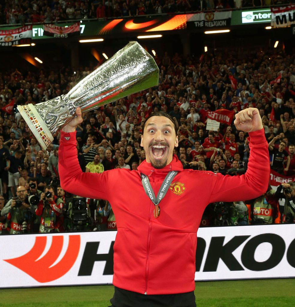 STOCKHOLM, SWEDEN - MAY 24:  Zlatan Ibrahimovic of Manchester United celebrates with the Europa League trophy after the UEFA Europa League Final match between Manchester United and Ajax at Friends Arena on May 24, 2017 in Stockholm, Sweden.  (Photo by John Peters/Manchester United via Getty Images)