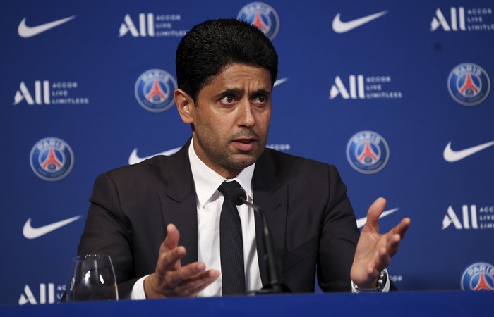 Nasser Al-Khelaifi PARIS, FRANCE - MAY 23: President of PSG Nasser Al Khelaifi during a press conference about the new contract of Kylian Mbappe with Paris Saint-Germain at the auditorium of Parc des Princes stadium on May 23, 2022 in Paris, France. (Photo by John Berry/Getty Images)