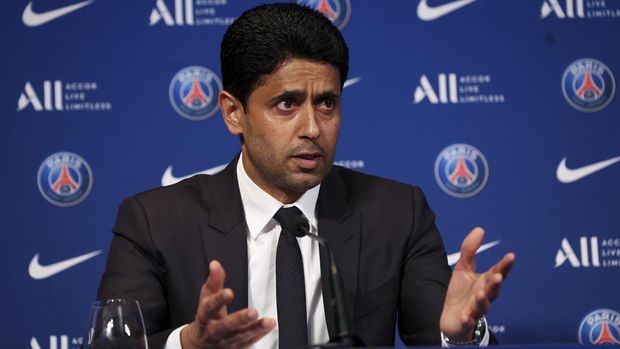 PARIS, FRANCE - MAY 23: President of PSG Nasser Al Khelaifi during a press conference about the new contract of Kylian Mbappe with Paris Saint-Germain at the auditorium of Parc des Princes stadium on May 23, 2022 in Paris, France. (Photo by John Berry/Getty Images)