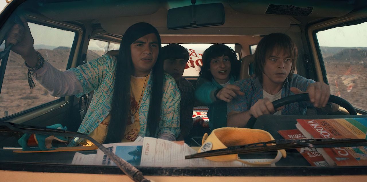 STRANGER THINGS. (L to R) Eduardo Franco as Argyle, Noah Schnapp as Will Byers, Finn Wolfhard as Mike Wheeler, and Charlie Heaton as Jonathan Byers in STRANGER THINGS. Cr. Courtesy of Netflix © 2022