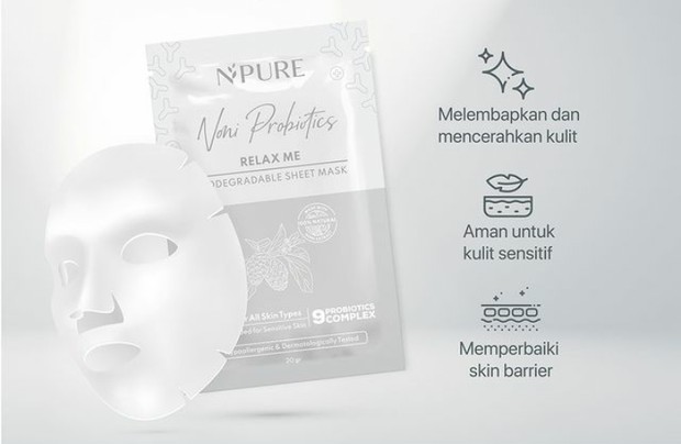 Npure Noni Probiotics Relax Me, Biodegradable sheet mask yang cocok untuk kulit sensitif.