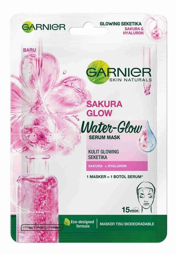 Garnier serum mask sakura glow/Foto: garnier.co.id Garnier sheet mask dilengkapi dengan teknologi Jepang, serta kandungan ekstrak bunga sakura dan Hyaluron.