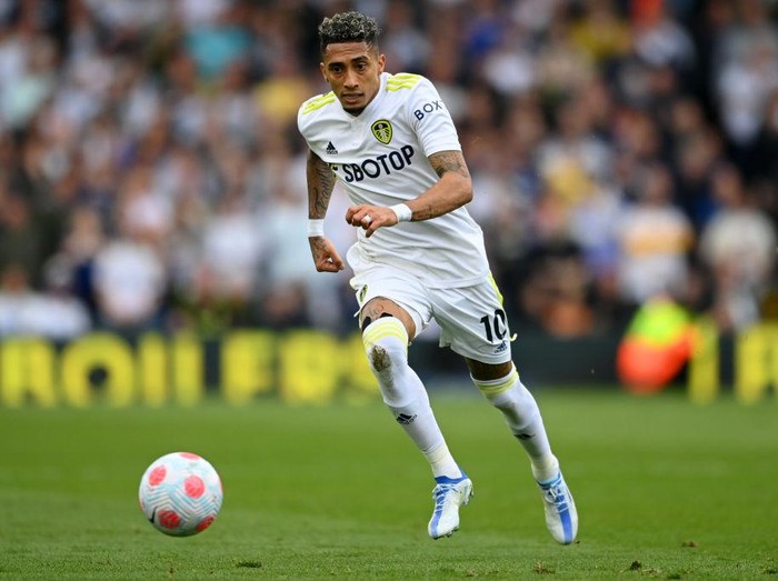 LEICESTER, ENGLAND - MARCH 05: Raphinha of Leeds United at full time of the Premier League match between Leicester City and Leeds United at The King Power Stadium on March 5, 2022 in Leicester, United Kingdom. (Photo by James Williamson - AMA/Getty Images)