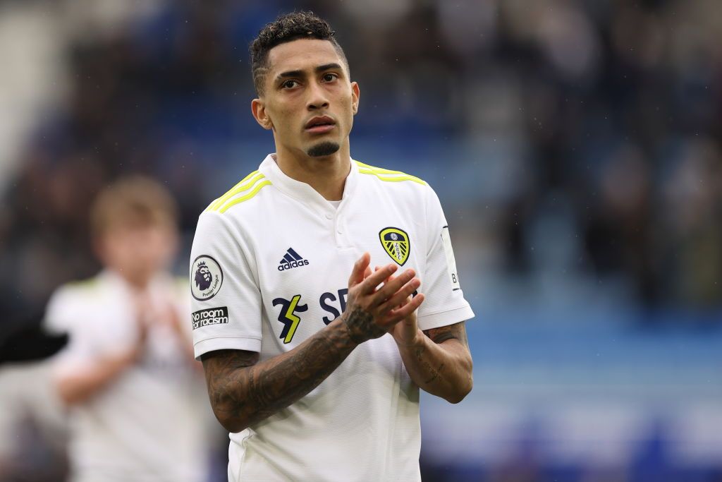 LEICESTER, ENGLAND - MARCH 05: Raphinha of Leeds United at full time of the Premier League match between Leicester City and Leeds United at The King Power Stadium on March 5, 2022 in Leicester, United Kingdom. (Photo by James Williamson - AMA/Getty Images)