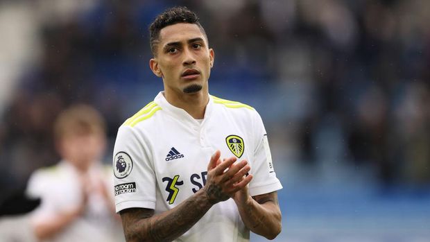 LEICESTER, ENGLAND - MARCH 05: Raphinha of Leeds United at full time of the Premier League match between Leicester City and Leeds United at The King Power Stadium on March 5, 2022 in Leicester, United Kingdom. (Photo by James Williamson - AMA/Getty Images)