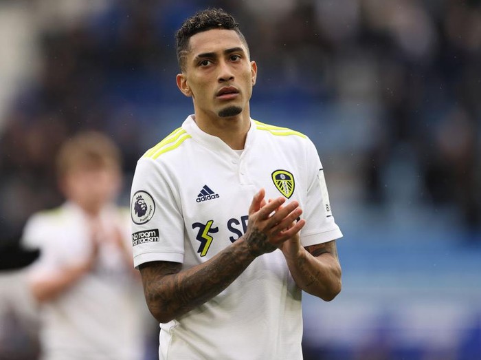 LEICESTER, ENGLAND - MARCH 05: Raphinha of Leeds United at full time of the Premier League match between Leicester City and Leeds United at The King Power Stadium on March 5, 2022 in Leicester, United Kingdom. (Photo by James Williamson - AMA/Getty Images)