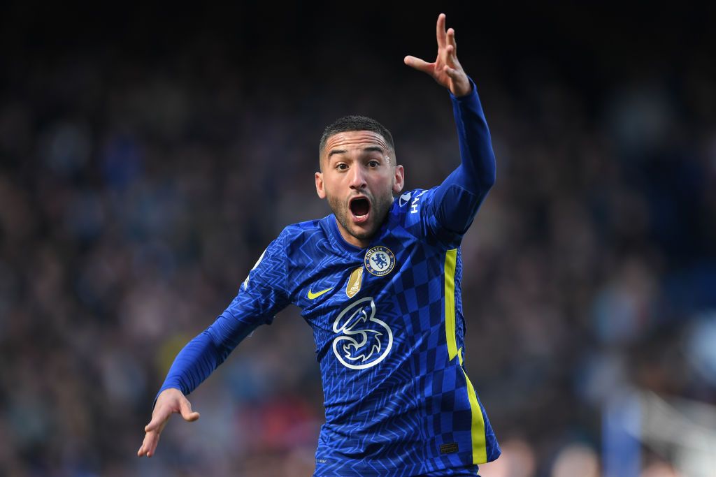 LONDON, ENGLAND - APRIL 02: Hakim Ziyech of Chelsea reacts during the Premier League match between Chelsea and Brentford at Stamford Bridge on April 02, 2022 in London, England. (Photo by Harriet Lander/Copa/Getty Images)