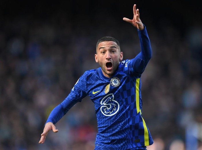 LONDON, ENGLAND - APRIL 02: Hakim Ziyech of Chelsea reacts during the Premier League match between Chelsea and Brentford at Stamford Bridge on April 02, 2022 in London, England. (Photo by Harriet Lander/Copa/Getty Images)