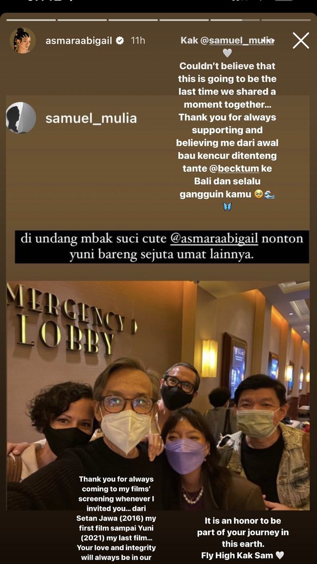 Asmara Abigail mengenang sosok Samuel Mulia lewat Instagram Story.