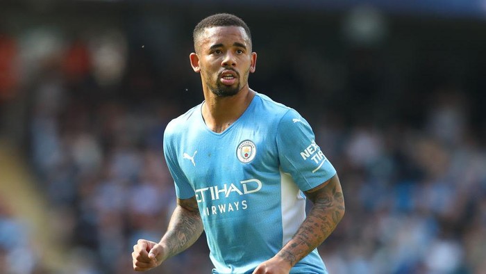 MANCHESTER, ENGLAND - MAY 08: Gabriel Jesus of Manchester City in action during the Premier League match between Manchester City and Newcastle United at Etihad Stadium on May 08, 2022 in Manchester, England. (Photo by Chris Brunskill/Fantasista/Getty Images)