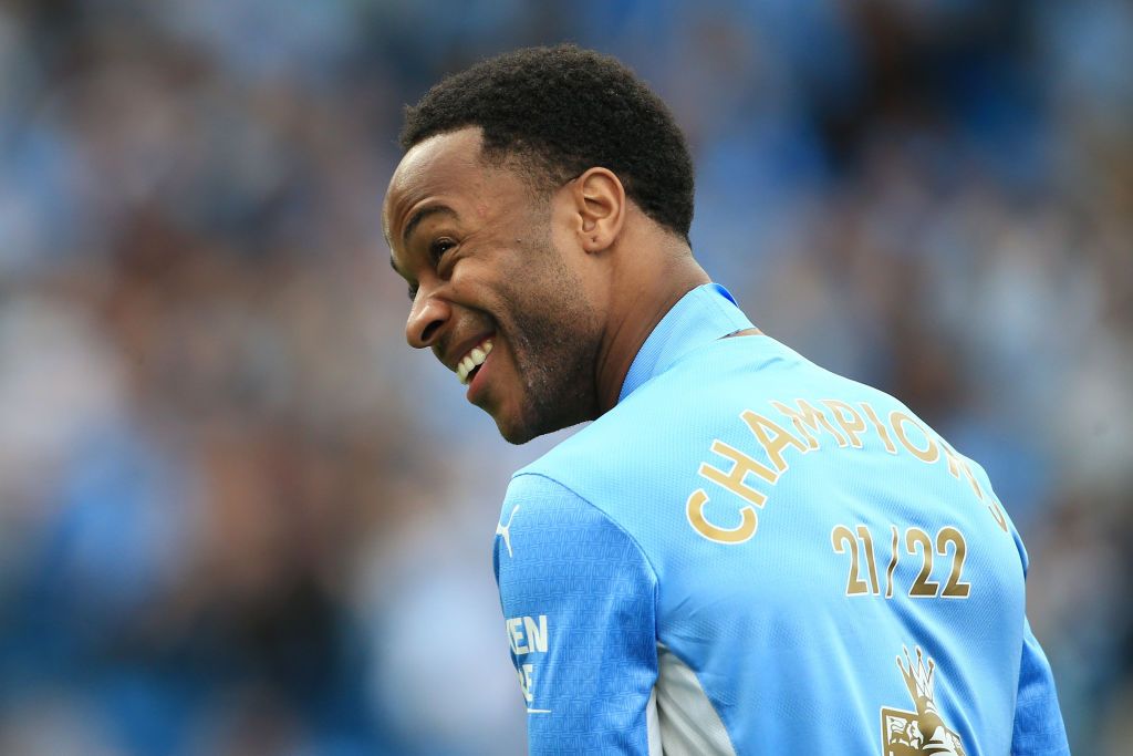 MANCHESTER, ENGLAND - MAY 22: Raheem Sterling of Manchester City smiles after the Premier League match between Manchester City and Aston Villa at Etihad Stadium on May 22, 2022 in Manchester, United Kingdom. (Photo by Simon Stacpoole/Offside/Offside via Getty Images)