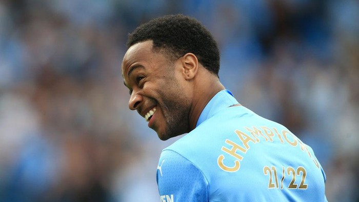 MANCHESTER, ENGLAND - MAY 22: Raheem Sterling of Manchester City smiles after the Premier League match between Manchester City and Aston Villa at Etihad Stadium on May 22, 2022 in Manchester, United Kingdom. (Photo by Simon Stacpoole/Offside/Offside via Getty Images)