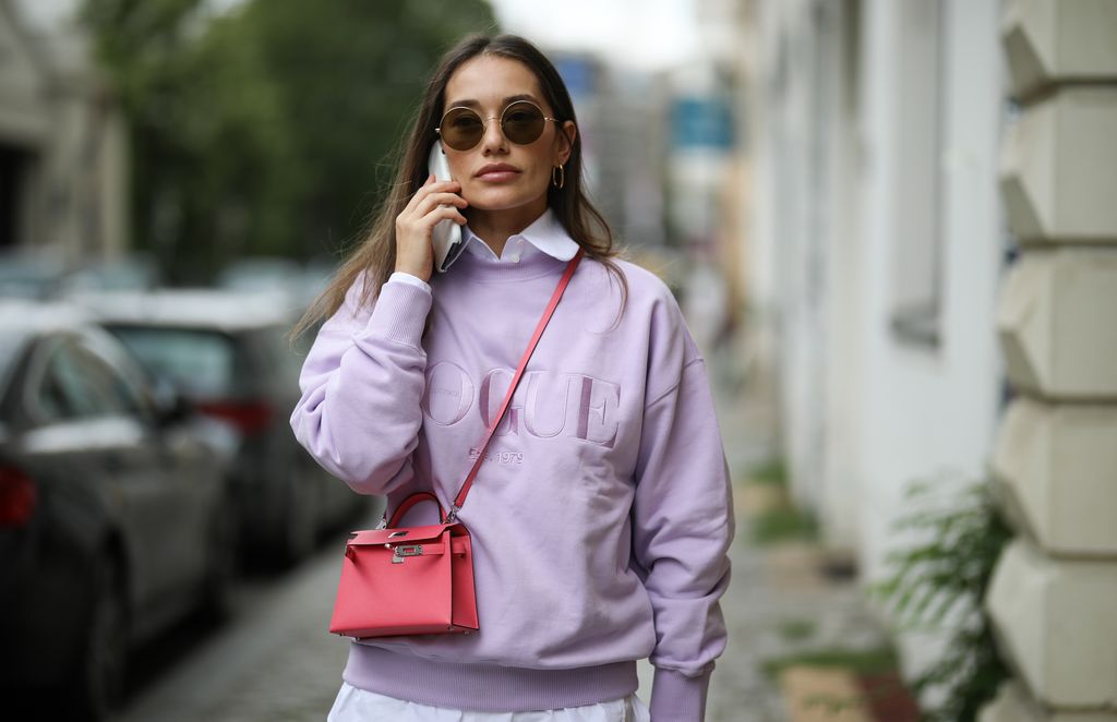 BERLIN, GERMANY - JULY 17: Anna Schürrle wearing Vogue Sweater, Hermes mini bag, Karl Lagergeld shirt and JBrand jeans on July 17, 2020 in Berlin, Germany. (Photo by Jeremy Moeller/Getty Images)