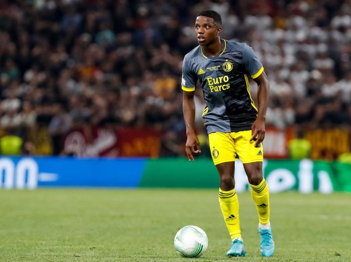 TIRANA, ALBANIA - MAY 25: Tyrell Malacia of Feyenoord during the UEFA Europa Conference League Final match between AS Roma and Feyenoord at the National Arena on May 25, 2022 in Tirana, Albania (Photo by Nikola Krstic/Orange Pictures/BSR Agency/Getty Images)