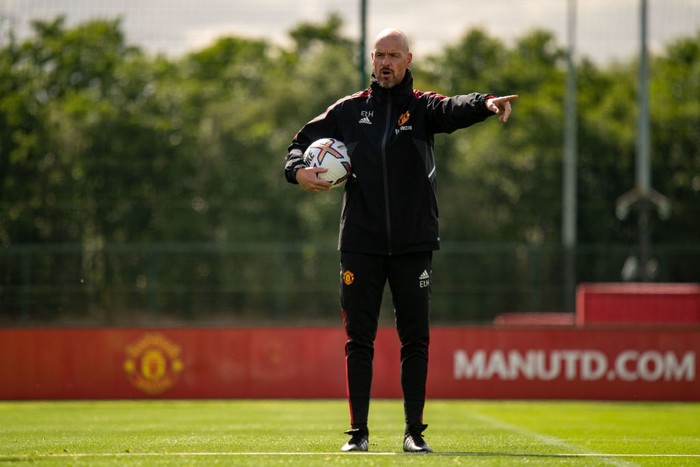 MANCHESTER, ENGLAND - JUNE 27: (EXCLUSIVE COVERAGE)  Manager Erik ten Hag of Manchester United in action during a first team training session at Carrington Training Ground on June 27, 2022 in Manchester, England. (Photo by Ash Donelon/Manchester United via Getty Images)