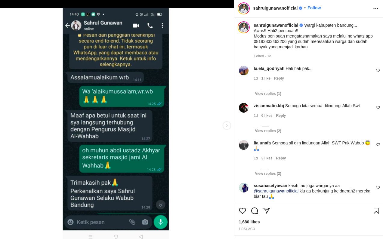 Isi percakapan penipuan yang catut nama Sahrul Gunawan