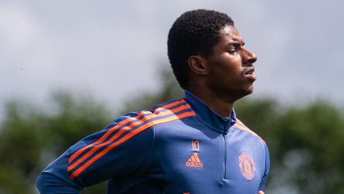MANCHESTER, ENGLAND - JUNE 27: (EXCLUSIVE COVERAGE)  Marcus Rashford of Manchester United in action during a first team training sessionat Carrington Training Ground on June 27, 2022 in Manchester, England. (Photo by Ash Donelon/Manchester United via Getty Images)