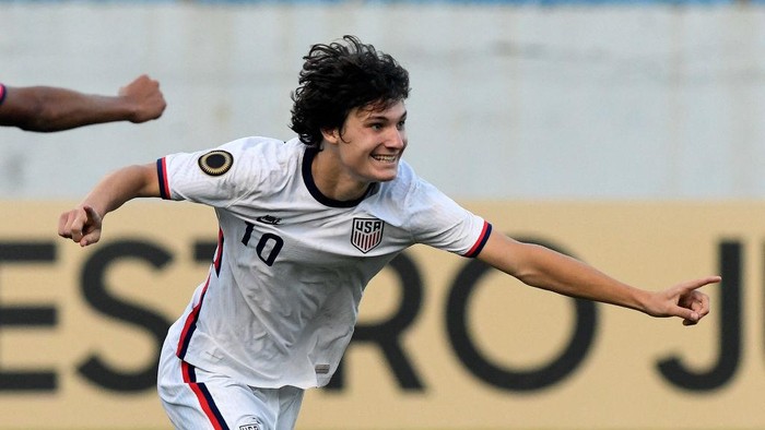 Paxten Aaronson of the US celebrates after scoring against Costa Rica during a Concacaf U-20 World Cup quarterfinal football match at the Francisco Morazan stadium in San Pedro Sula, Honduras, on June 28, 2022. (Photo by Orlando SIERRA / AFP) (Photo by ORLANDO SIERRA/AFP via Getty Images)