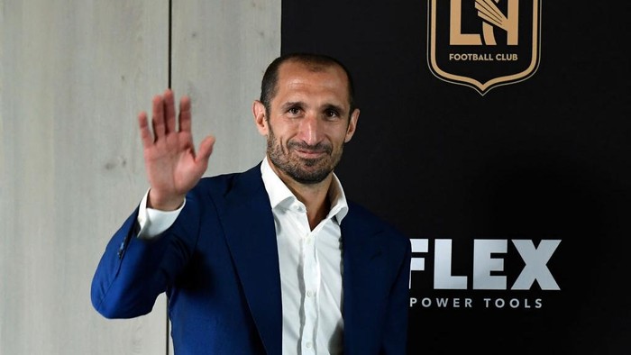 LOS ANGELES, CA - JUNE 29: Giorgio Chiellini is introduced by Los Angeles Football Club during a news conference at Banc of California Stadium on June 29, 2022 in Los Angeles, California. (Photo by Kevork Djansezian/Getty Images)