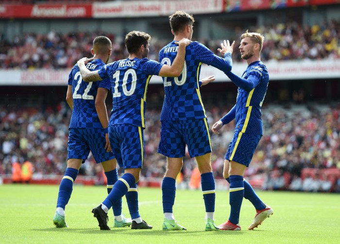 Christian Pulisic LONDON, ENGLAND - AUGUST 01: Kai Havertz of Chelsea celebrates with Hakim Ziyech, Christian Pulisic and Timo Werner after scoring their side's first goal during the Pre-Season Friendly match between Arsenal and Chelsea at Emirates Stadium on August 01, 2021 in London, England. (Photo by Harriet Lander - Chelsea FC/Chelsea FC via Getty Images)