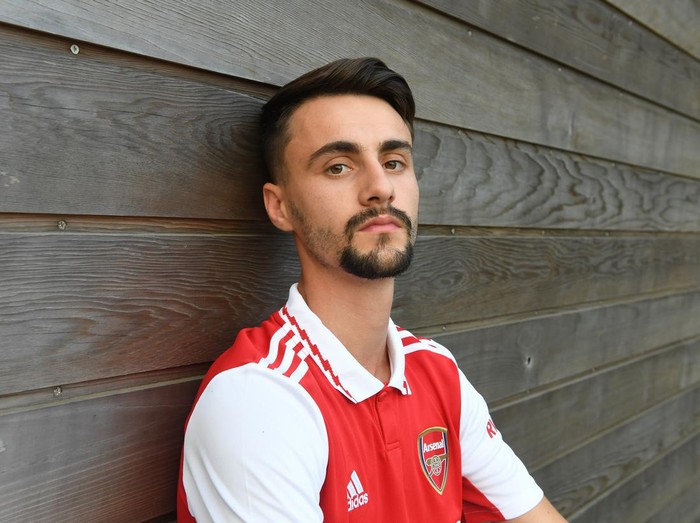 ST ALBANS, ENGLAND - JUNE 21: Arsenal Unveil new signing Fabio Vieira at London Colney on June 21, 2022 in St Albans, England. (Photo by Stuart MacFarlane/Arsenal FC via Getty Images)