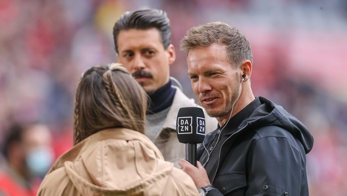 MUNICH, GERMANY - MAY 08: head coach Julian Nagelsmann of Bayern Muenchen gives an interview prior to the Bundesliga match between FC Bayern München and VfB Stuttgart at Allianz Arena on May 8, 2022 in Munich, Germany. (Photo by Roland Krivec/vi/DeFodi Images via Getty Images)