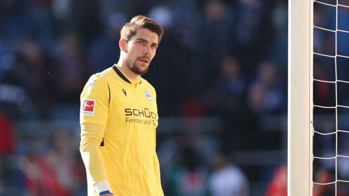 17 April 2022, North Rhine-Westphalia, Bielefeld: Soccer: Bundesliga, Arminia Bielefeld - Bayern Munich, Matchday 30 at Schüco Arena. Bielefeld goalkeeper Stefan Ortega reacts at the end of the match. Photo: Friso Gentsch/dpa - IMPORTANT NOTE: In accordance with the requirements of the DFL Deutsche Fußball Liga and the DFB Deutscher Fußball-Bund, it is prohibited to use or have used photographs taken in the stadium and/or of the match in the form of sequence pictures and/or video-like photo series. (Photo by Friso Gentsch/picture alliance via Getty Images)