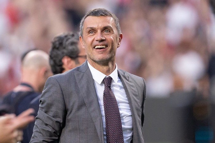 REGGIO NELLEMILIA, ITALY - MAY 22: Paolo Maldini of AC Milan smiles during the Serie A match between US Sassuolo and AC Milan at Mapei Stadium - Citta del Tricolore on May 22, 2022 in Reggio nellEmilia, Italy. (Photo by AC Milan/AC Milan via Getty Images)