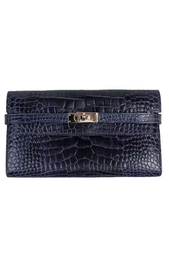 Hermes Kelly Classic Wallet / Clutch Navy Alligator