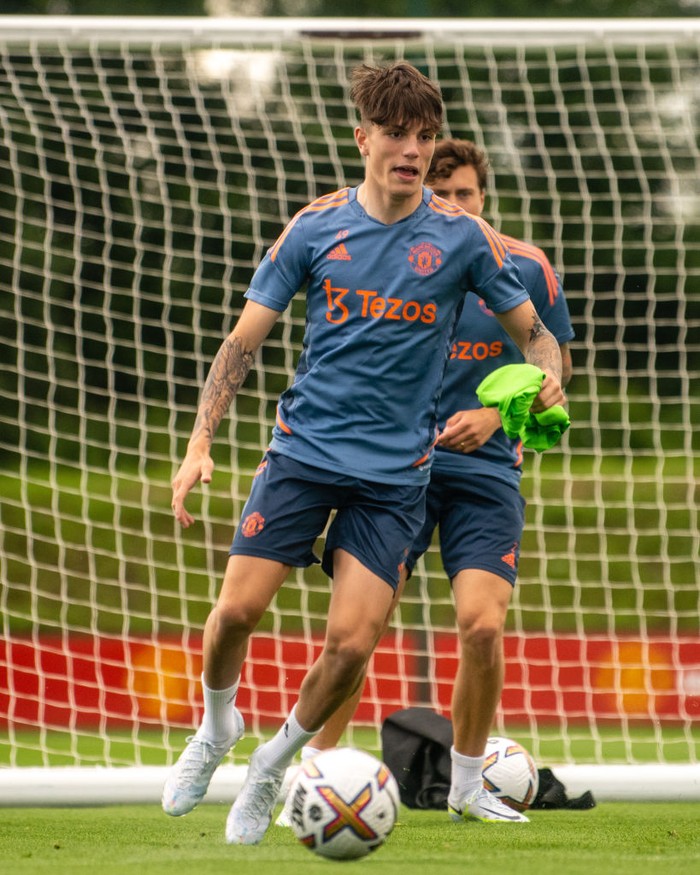 MANCHESTER, ENGLAND - JUNE 30: (EXCLUSIVE COVERAGE)  Alejandro Garnacho of Manchester United in action during a first team training session at Carrington Training Ground on June 30, 2022 in Manchester, England. (Photo by Ash Donelon/Manchester United via Getty Images)