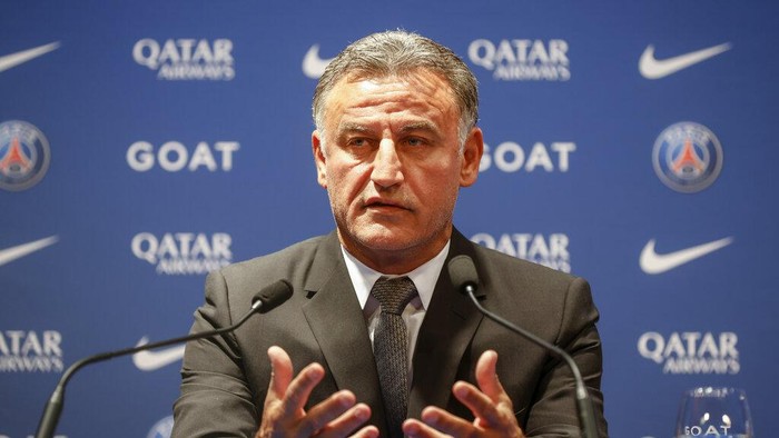 Christophe Galtier attends a press conference at the Parc des Princes stadium, Tuesday, July 5, 2022 in Paris. Christophe Galtier became Paris Saint-Germains seventh coach in 11 years under the clubs ambitious Qatari-backed ownership, with Mauricio Pochettino becoming the fourth straight coach to be fired during that time. (AP Photo/Thomas Padilla)