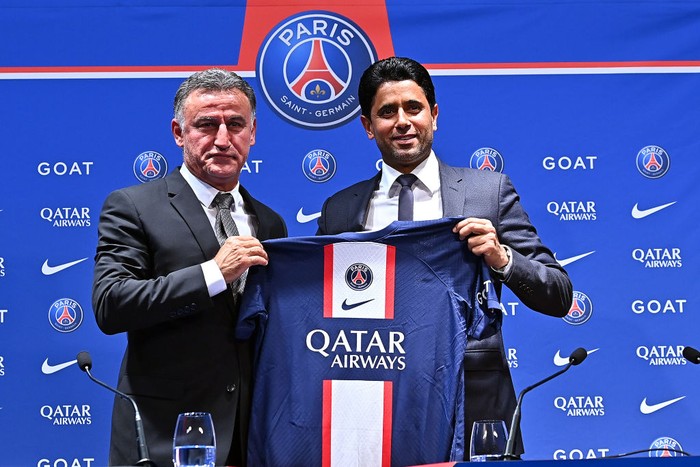 PARIS, FRANCE - JULY 05: Newly appointed Paris Saint-Germain coach Christophe Galtier answers journalists during the press conference of Paris at Parc des Princes on July 05, 2022 in Paris, France. (Photo by Aurelien Meunier - PSG/PSG via Getty Images)