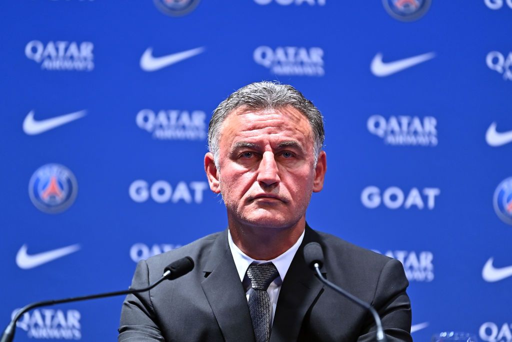 PARIS, FRANCE - JULY 05: Newly appointed Paris Saint-Germain coach Christophe Galtier answers journalists during the press conference of Paris at Parc des Princes on July 05, 2022 in Paris, France. (Photo by Aurelien Meunier - PSG/PSG via Getty Images)