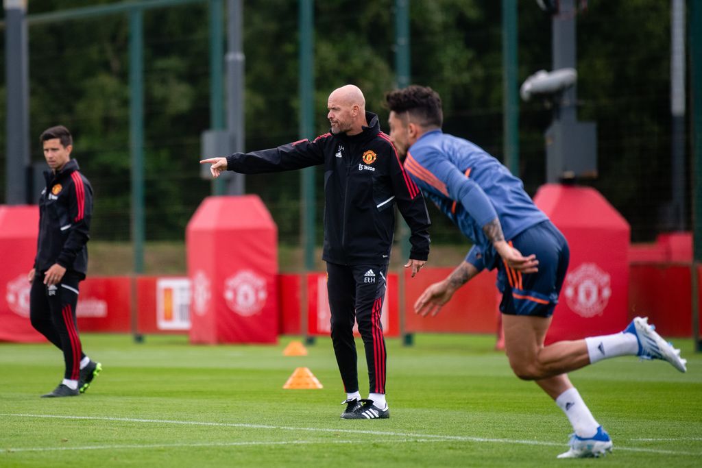 MANCHESTER, ENGLAND - JULY 04: (EXCLUSIVE COVERAGE) Manager Erik ten Hag of Manchester United in action during a first team training session at Carrington Training Ground on July 04, 2022 in Manchester, England. (Photo by Ash Donelon/Manchester United via Getty Images)