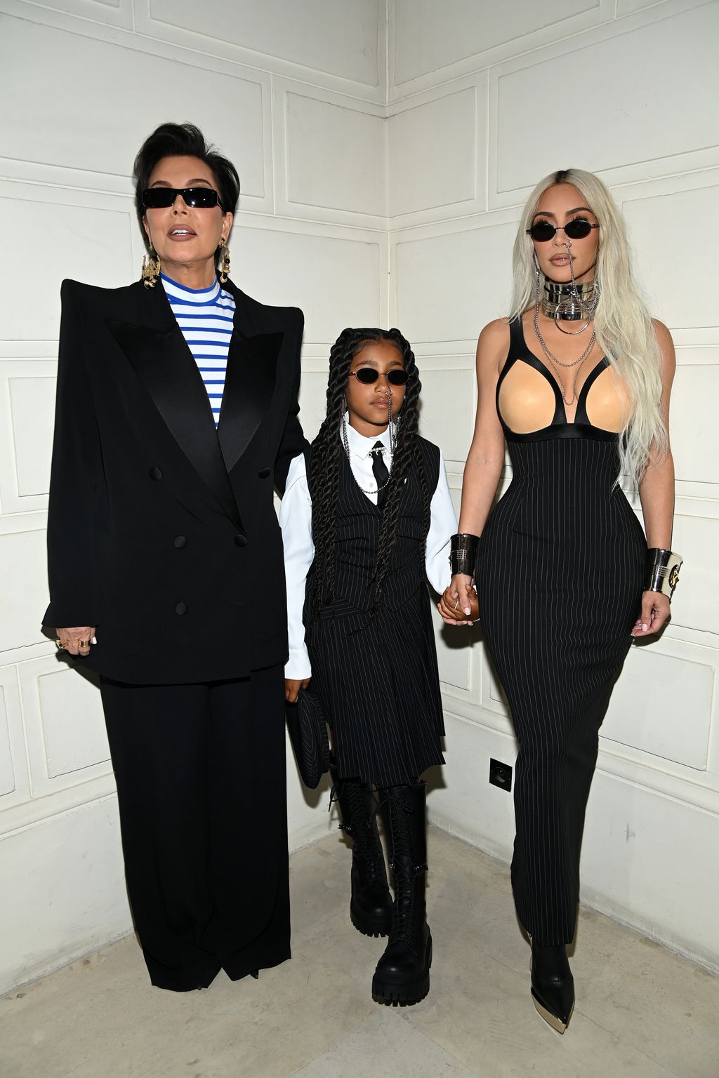 PARIS, FRANCE - JULY 06: (EDITORIAL USE ONLY - For Non-Editorial use please seek approval from Fashion House) (L-R) Kris Jenner, North West and Kim Kardashian attend the Jean-Paul Gaultier Haute Couture Fall Winter 2022 2023 show as part of Paris Fashion Week  on July 06, 2022 in Paris, France. (Photo by Pascal Le Segretain/Getty Images)