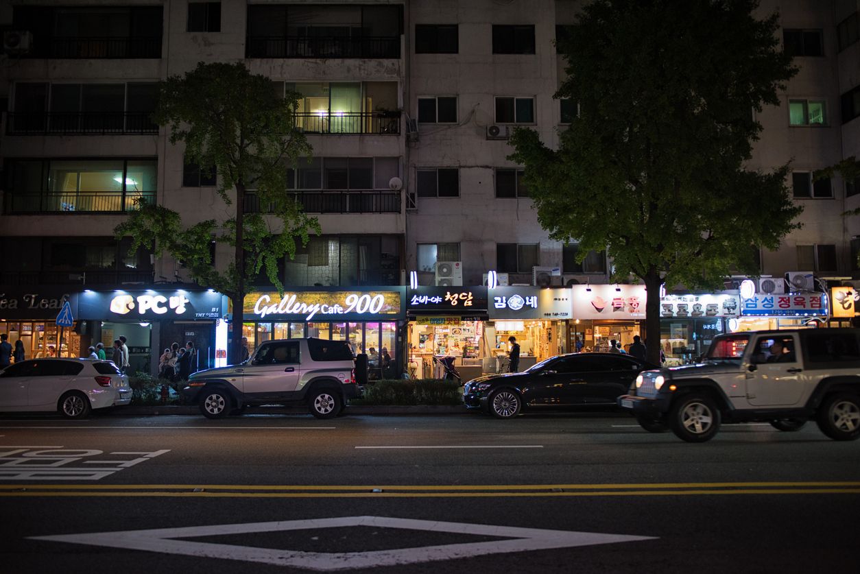 Seoul, Korea - October 6th 2018, People walk the retail street of Ichon-dong, Yongsan Seoul at night. East Ichon-dong, Yongsan-gu, Seoul
