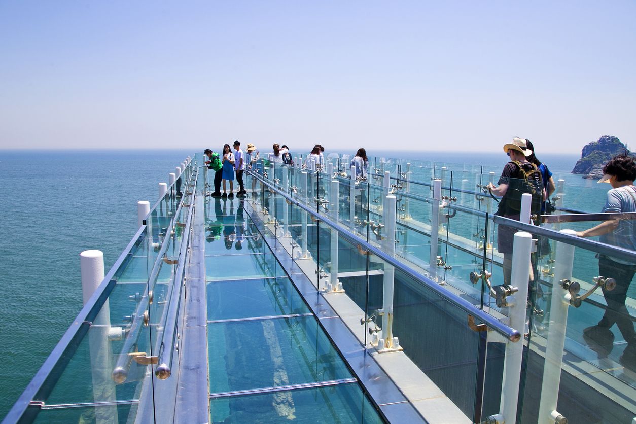 Busan, Korea - May, 2017: Oryukdo skywalk is transparent skywalk to see Oryukdo islands in Busan, Korea. Oryukdo means five-six island - Image