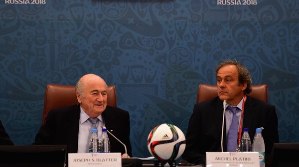 SAINT PETERSBURG, RUSSIA - JULY 25:  FIFA President Joseph S. Blatter and UEFA President Michel Platini look on during the Team Seminar ahead of the Preliminary Draw of the 2018 FIFA World Cup at the Corinthia Hotel on July 25, 2015 in Saint Petersburg, Russia.  (Photo by Shaun Botterill/Getty Images)