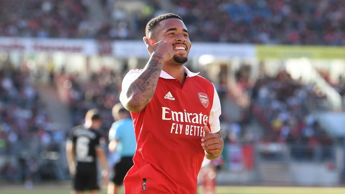 NUREMBERG, GERMANY - JULY 08: Gabriel Jesus celebrates scoring Arsenals 5th goal during the pre-season friendly match between 1. FC Nürnberg and Arsenal F.C. at Max-Morlock-Stadion on July 08, 2022 in Nuremberg, Germany. (Photo by David Price/Arsenal FC via Getty Images)