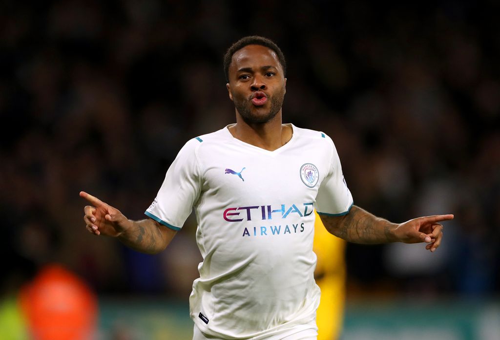 Manchester City's Raheem Sterling celebrates scoring a goal shortly before it is disallowed for offside during the Premier League match at the Molineux Stadium, Wolverhampton. Picture date: Wednesday May 11, 2022. (Photo by Bradley Collyer/PA Images via Getty Images)
